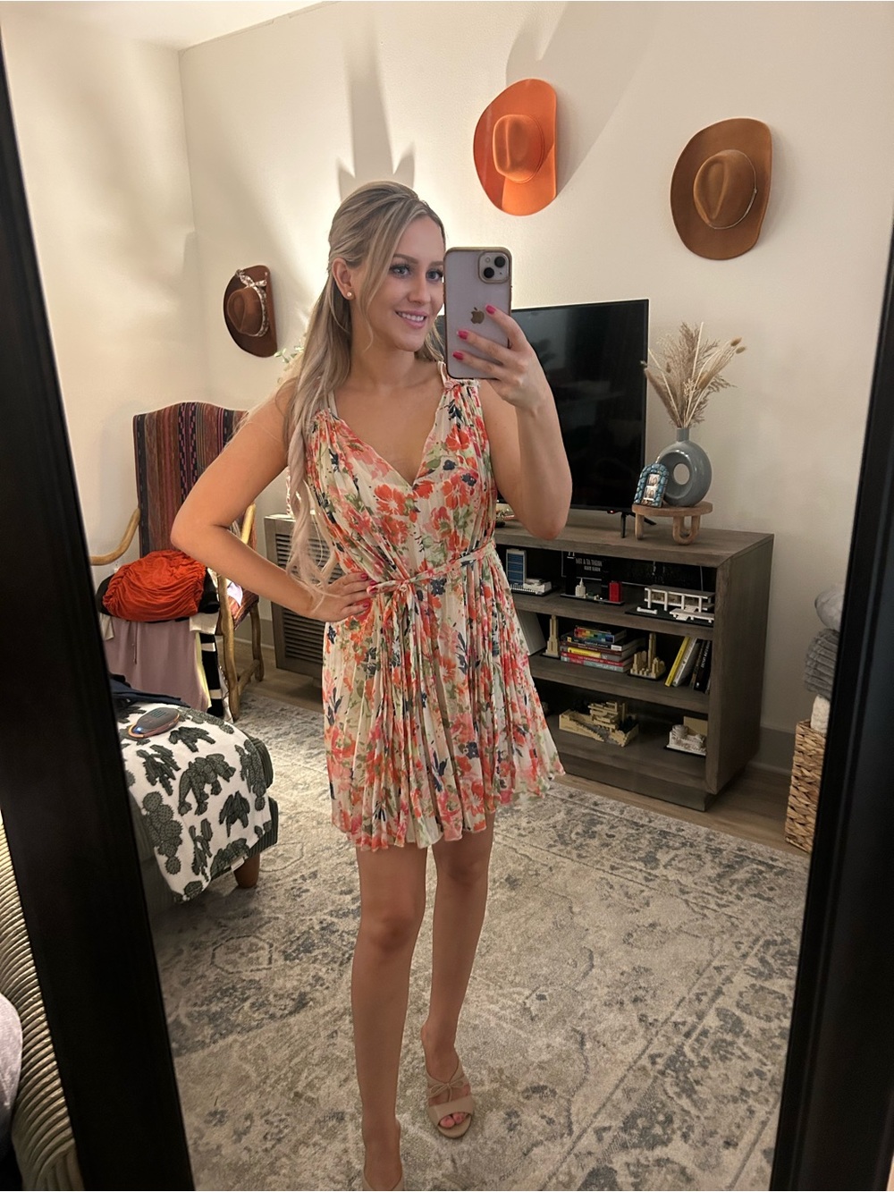Floral V-Neck Tie-Waist Mini Dress - Cream with Coral Floral